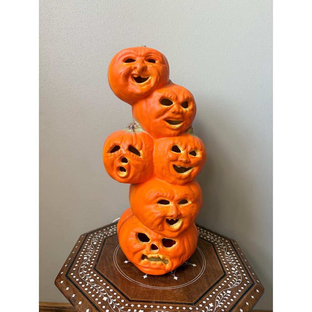Vintage Gemmy Light Up Stacked Jack-O-Lantern/Pumpkin Blowmold Foam Tower - Work